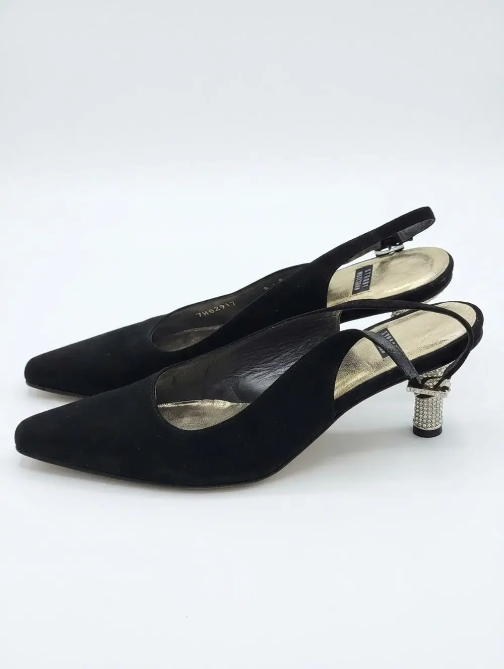Stuart Weitzman Black Satin Rhinestone Heel Slingback Pumps 6B 90s Glam
